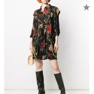 Ba&sh Floral Black Paprika Patti Pleated Metallic Shift Dress Size Xs